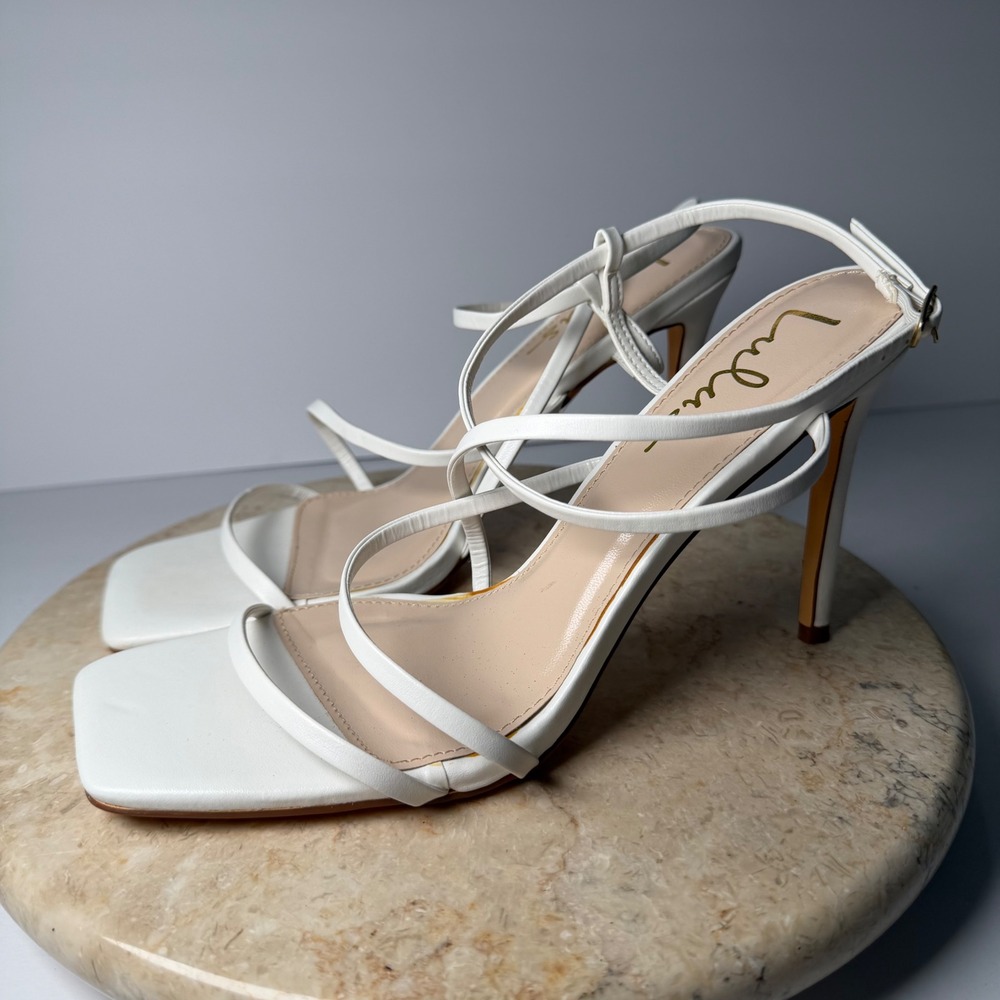 Lulus Strappy Stiletto Sandals 8.5 White Square Toe Buckle Ankle Strap Heels